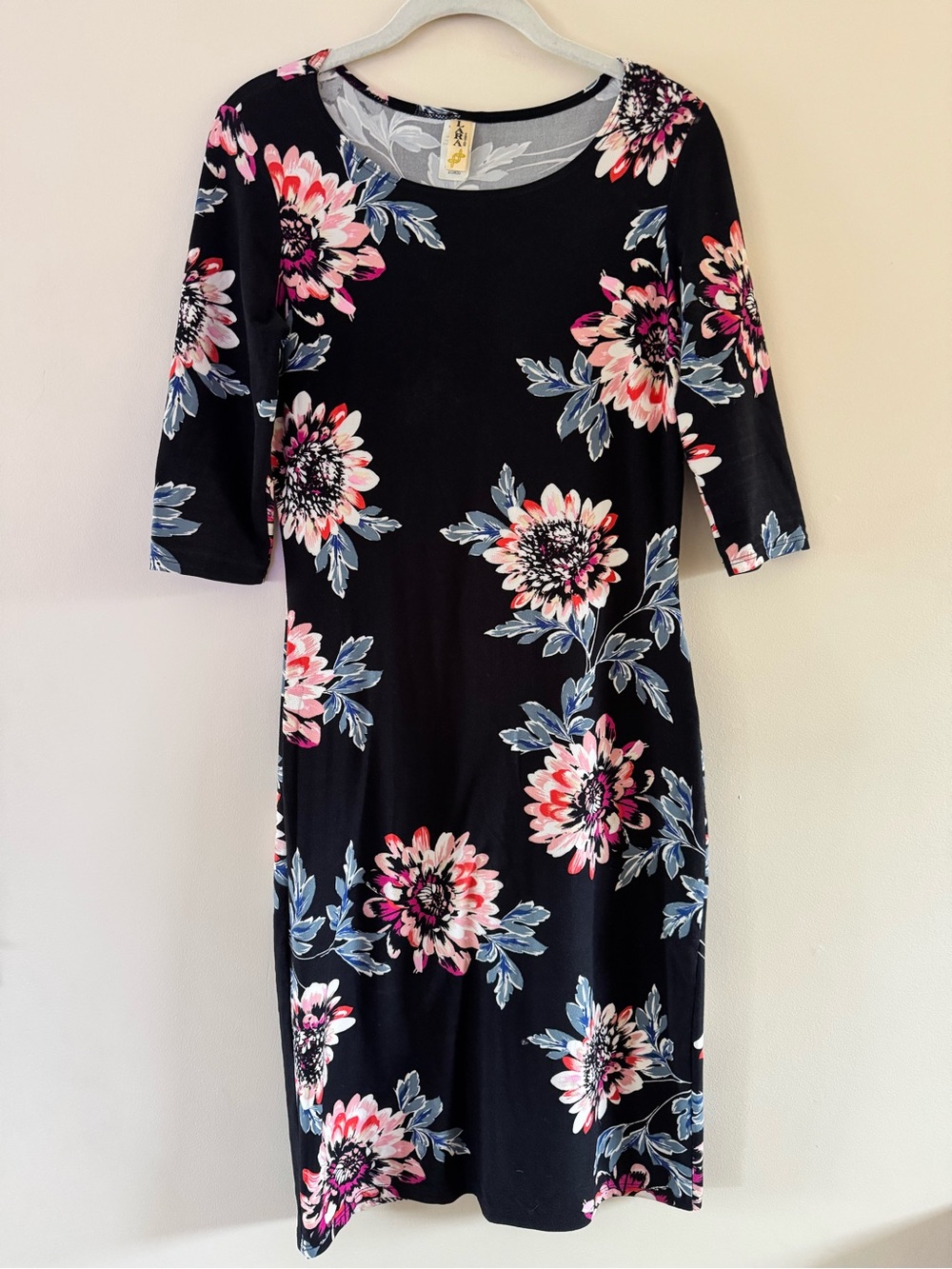 Women’s Black Floral Dress with Pink & Blue Blooms